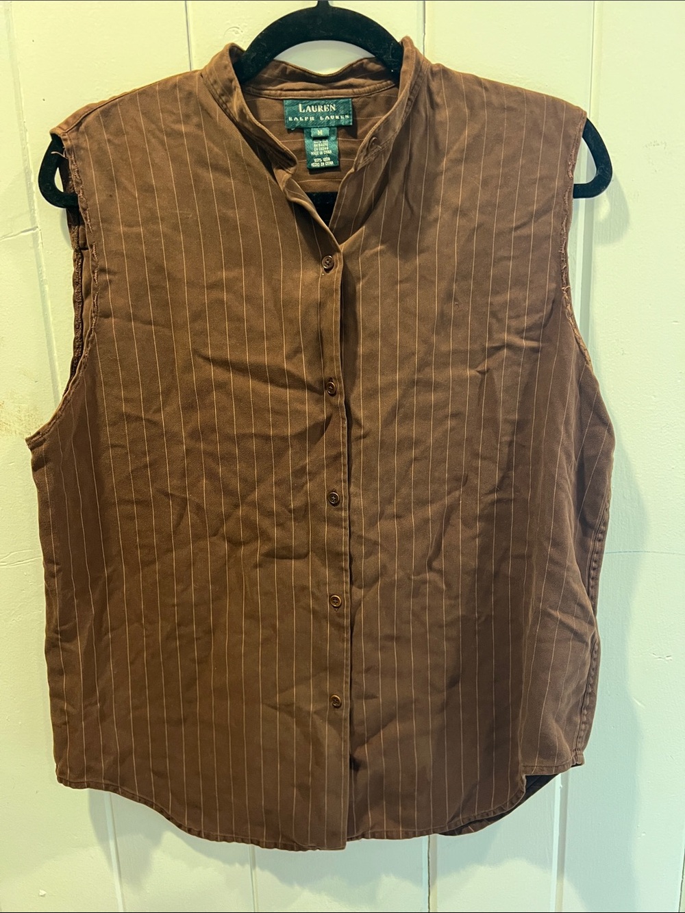 Lauren Ralph Lauren Brown Pinstripe Sleeveless Button-Front Shirt Top 100% Silk